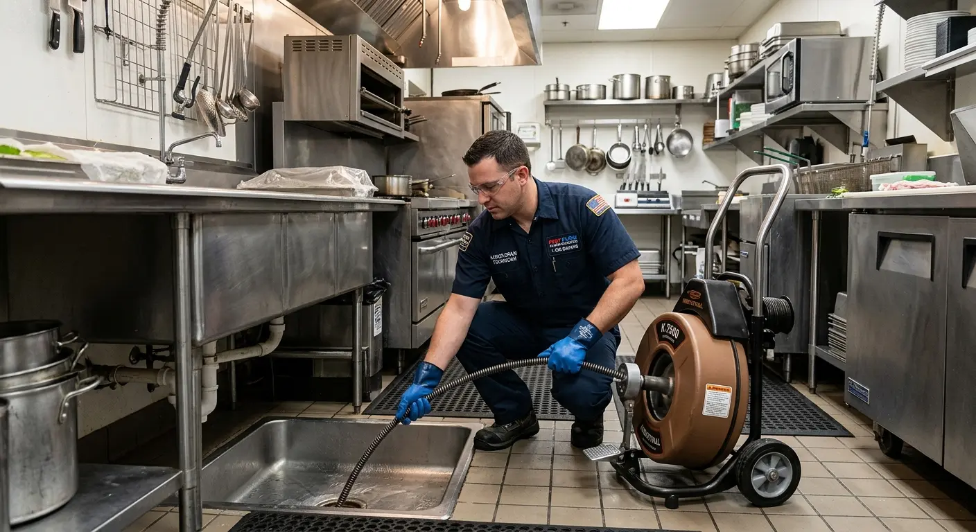 Commercial drain cleaning service in a restaurant kitchen in Asbury Lake