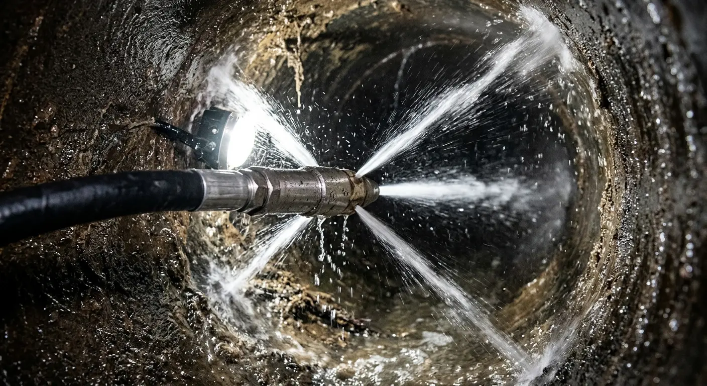 High-pressure hydro jetting nozzle cleaning sewer pipe for Emergency Drain Service in Asbury Lake