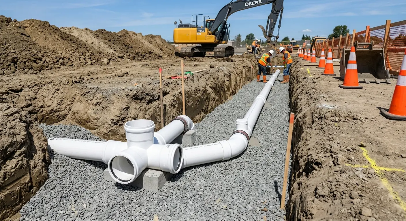 New PVC sewer pipe installation in open trench for Grease Trap Cleaning in Asbury Lake