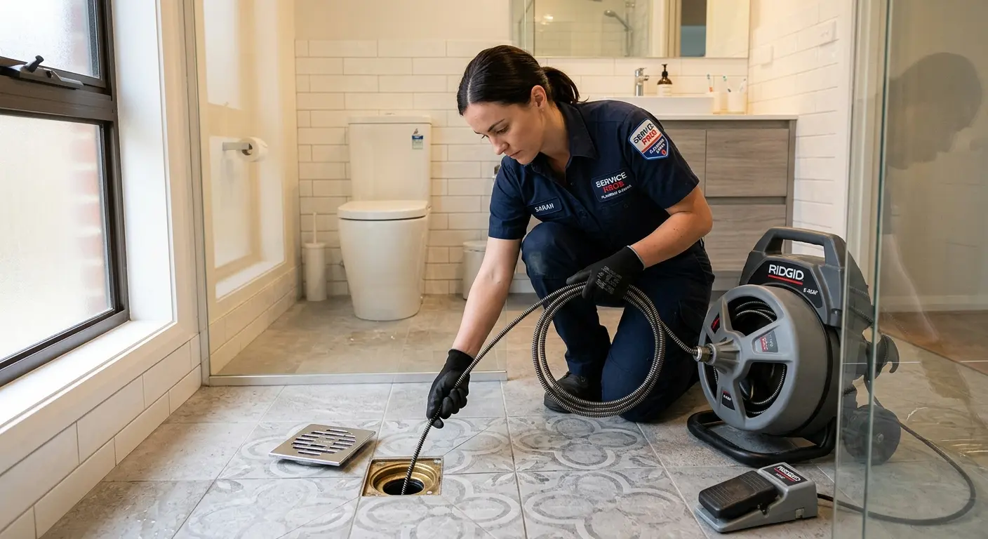 Technician clearing a bathroom floor drain for Sewer Line Installation in Asbury Lake